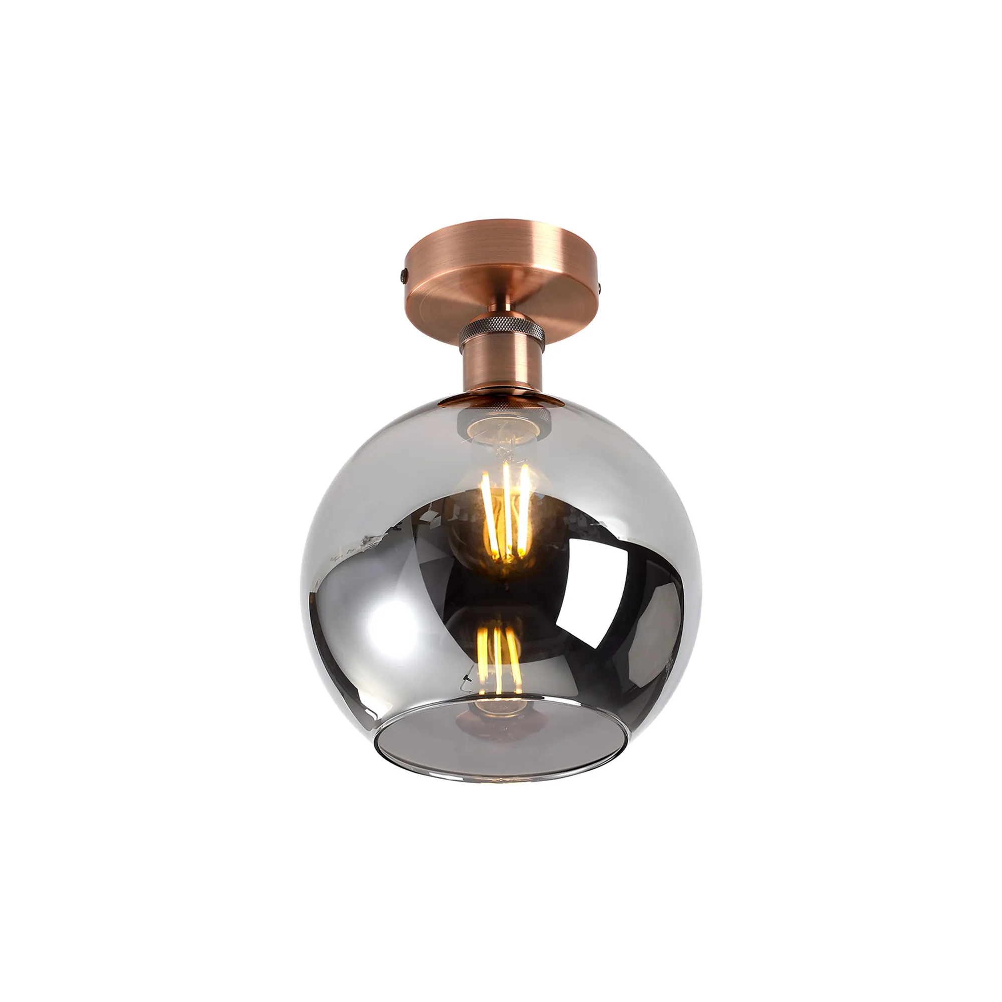 Cawdor Flush Fitting; 1 Light E27; Antique Copper/Smoke Globe Glass
